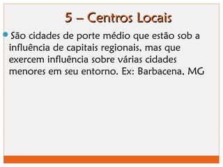 55 –– CCeennttrrooss LLooccaaiiss 
São cidades de porte médio que estão sob a 
influência de capitais regionais, mas que 
exercem influência sobre várias cidades 
menores em seu entorno. Ex: Barbacena, MG 
 