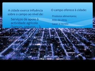 A cidade exerce influência
sobre o campo ao nível de:
∗ Serviços de apoio à
actividade agrícola
(bancos, seguros…);
∗ Serviços de apoio à
população rural
(hospitais, escolas,
assistência técnica…);
∗ Comércio variado e
especializado;
∗ Divulgação cultural
(livros, jornais…).
O campo oferece à cidade:
∗ Produtos alimentares;
∗ Mão-de-obra;
∗ Lazer e recreio
 