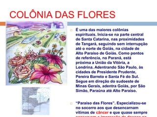  É uma das maiores colônias
espirituais. Inicia-se na parte central
de Santa Catarina, nas proximidades
de Tangará, seguindo sem interrupção
até o norte de Goiás, na cidade de
Alto Paraíso de Goiás. Como pontos
de referência, no Paraná, está
próxima a União da Vitória, a
Londrina. Adentrando São Paulo, às
cidades de Presidente Prudente,
Pereira Barreto e Santa Fé do Sul.
Segue em direção do sudoeste de
Minas Gerais, adentra Goiás, por São
Simão, Paraúna até Alto Paraíso.
 “Paraíso das Flores”. Especializou-se
no socorro aos que desencarnam
vítimas de câncer e que quase sempre
COLÔNIA DAS FLORES
 