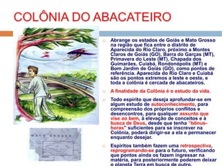  Abrange os estados de Goiás e Mato Grosso
na região que fica entre o distrito de
Aparecida do Rio Claro, próximo a Montes
Claros de Goiás (GO), Barra do Garças (MT),
Primavera do Leste (MT), Chapada dos
Guimarães, Cuiabá, Rondonópolis (MT) e
Bom Jardim de Goiás (GO), como pontos de
referência. Aparecida do Rio Claro e Cuiabá
são os pontos extremos a leste e oeste, e
toda a colônia é cercada de abacateiros.
 A finalidade da Colônia é o estudo da vida.
 Todo espírito que deseja aprofundar-se em
algum estudo de autoconhecimento, para
compreensão dos próprios conflitos e
desencontros, para qualquer assunto que
vise ao bem, à elevação de conceitos e à
busca de Deus, desde que tenha “bônus-
horas” suficientes para se inscrever na
Colônia, poderá dirigir-se a ela e permanecer
enquanto desejar.
 Espíritos também fazem uma retrospectiva,
reprogramando-se para o futuro, verificando
que pontos ainda os fazem ingressar na
matéria, para posteriormente poderem deixar
COLÔNIA DO ABACATEIRO
 