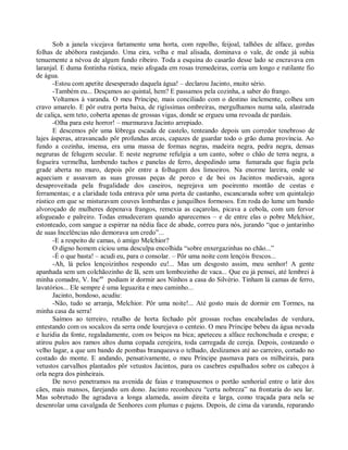 Sob a janela vicejava fartamente uma horta, com repolho, feijoal, talhões de alface, gordas
folhas de abóbora rastejando. Uma eira, velha e mal alisada, dominava o vale, de onde já subia
tenuemente a névoa de algum fundo ribeiro. Toda a esquina do casarão desse lado se encravava em
laranjal. E duma fontinha rústica, meio afogada em rosas tremedeiras, corria um longo e rutilante fio
de água.
       -Estou com apetite desesperado daquela água! – declarou Jacinto, muito sério.
       -Também eu... Desçamos ao quintal, hem? E passamos pela cozinha, a saber do frango.
       Voltamos à varanda. O meu Príncipe, mais conciliado com o destino inclemente, colheu um
cravo amarelo. E pôr outra porta baixa, de rigíssimas ombreiras, mergulhamos numa sala, alastrada
de caliça, sem teto, coberta apenas de grossas vigas, donde se ergueu uma revoada de pardais.
       -Olha para este horror! – murmurava Jacinto arrepiado.
       E descemos pôr uma lôbrega escada de castelo, tenteando depois um corredor tenebroso de
lajes ásperas, atravancado pôr profundas arcas, capazes de guardar todo o grão duma província. Ao
fundo a cozinha, imensa, era uma massa de formas negras, madeira negra, pedra negra, densas
negruras de felugem secular. E neste negrume refulgia a um canto, sobre o chão de terra negra, a
fogueira vermelha, lambendo tachos e panelas de ferro, despedindo uma fumarada que fugia pela
grade aberta no muro, depois pôr entre a folhagem dos limoeiros. Na enorme lareira, onde se
aqueciam e assavam as suas grossas peças de porco e de boi os Jacintos medievais, agora
desaproveitada pela frugalidade dos caseiros, negrejava um poeirento montão de cestas e
ferramentas; e a claridade toda entrava pôr uma porta de castanho, escancarada sobre um quintalejo
rústico em que se misturavam couves lombardas e junquilhos formosos. Em roda do lume um bando
alvoroçado de mulheres depenava frangos, remexia as caçarolas, picava a cebola, com um fervor
afogueado e palreiro. Todas emudeceram quando aparecemos – e de entre elas o pobre Melchior,
estonteado, com sangue a espirrar na nédia face de abade, correu para nós, jurando “que o jantarinho
de suas Incelências não demorava um credo”...
       -E a respeito de camas, ó amigo Melchior?
       O digno homem ciciou uma desculpa encolhida “sobre enxergazinhas no chão...”
       -É o que basta! – acudi eu, para o consolar. – Pôr uma noite com lençóis frescos...
       -Ah, lá pelos lençoizinhos respondo eu!... Mas um desgosto assim, meu senhor! A gente
apanhada sem um colchãozinho de lã, sem um lombozinho de vaca... Que eu já pensei, até lembrei à
minha comadre, V. Incas podiam ir dormir aos Ninhos a casa do Silvério. Tinham lá camas de ferro,
lavatórios... Ele sempre é uma leguazita e meu caminho...
       Jacinto, bondoso, acudiu:
       -Não, tudo se arranja, Melchior. Pôr uma noite!... Até gosto mais de dormir em Tormes, na
minha casa da serra!
       Saímos ao terreiro, retalho de horta fechado pôr grossas rochas encabeladas de verdura,
entestando com os socalcos da serra onde lourejava o centeio. O meu Príncipe bebeu da água nevada
e luzidia da fonte, regaladamente, com os beiços na bica; apeteceu a alface rechonchuda e crespa; e
atirou pulos aos ramos altos duma copada cerejeira, toda carregada de cereja. Depois, costeando o
velho lagar, a que um bando de pombas branqueava o telhado, deslizamos até ao carreiro, cortado no
costado do monte. E andando, pensativamente, o meu Príncipe pasmava para os milheirais, para
vetustos carvalhos plantados pôr vetustos Jacintos, para os casebres espalhados sobre os cabeços à
orla negra dos pinheirais.
       De novo penetramos na avenida de faias e transpusemos o portão senhorial entre o latir dos
cães, mais mansos, farejando um dono. Jacinto reconheceu “certa nobreza” na frontaria do seu lar.
Mas sobretudo lhe agradava a longa alameda, assim direita e larga, como traçada para nela se
desenrolar uma cavalgada de Senhores com plumas e pajens. Depois, de cima da varanda, reparando
 