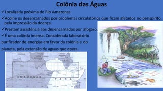 Colônia das Águas
Localizada próxima do Rio Amazonas.
Acolhe os desencarnados por problemas circulatórios que ficam afetados no períspirito,
pela impressão da doença.
Prestam assistência aos desencarnados por afoga/o.
É uma colônia imensa. Considerada laboratório
purificador de energias em favor da colônia e do
planeta, pela extensão de aguas que opera.
 
