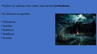 Existem as colônias mais rudes, mais densas (Umbralinas).
Se afinizam os espíritos:
Sofredores
Suicidas
Maldosos
Maléficos
Ovóides
 