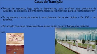 Casas de Transição
Postos de repouso, logo após o desencarne, para espíritos que precisam de
cuidados, de amparos, de entendimento(esclarecimentos), para se reestabelecerem
Ex: quando a causa da morte é uma doença, de morte rápida – Ex: AVC - um
acidente.
De acordo com seus merecimentos e assim serão encaminhados para colônias .
LIVRO:
 