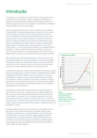 Introdução
As cidades são os nossos alicerces fundamentais. Ao longo da história, elas
serviram de centros de inovação, progresso, civilização e facilitadoras da
interação social necessária para o progresso da humanidade. É lógico que a
próxima evolução de como vivemos, trabalhamos, nos divertimos e interagimos
esteja emergindo dentro das nossas cidades.
Embora representem apenas dois por cento da superfície do nosso planeta,
as cidades detêm metade da população global, consomem 75% dos nossos
recursos energéticos e emitem 80% do carbono que está prejudicando o
nosso meio ambiente. Os países estão reconhecendo que o consumo cego
de recursos não é mais uma opção viável para o crescimento econômico e
social. As emissões dos edifícios e as atividades das cidades estão no topo
da lista de prioridades para as nações que visam manter as suas geografias
limpas, saudáveis e habitáveis para as próximas gerações. Por exemplo, a
União Europeia — por meio da Iniciativa de Cidades e Comunidades Europeias
Inteligentes — definiu a redução das emissões nas cidades, como crucial
para a sua meta de reduzir o uso de energia global em 20% até 2020 e para o
desenvolvimento de uma economia de baixas emissões de carbono até 2050.
Mas os desafios para a execução dessas metas só vão aumentar. Até 2050,
as cidades irão abrigar 70% da nossa população, um número surpreeendente,
necessitando de expansão e infraestrutura. Para acomodar este crescimento,
nos próximos 40 anos, devemos construir o mesmo volume de capacidade
urbana que os nossos antepassados levaram 4.000 anos para criar.
As infraestruturas terão que enfrentar melhor os desafios dos ambientes urbanos:
escassez de energia e água, poluição e emissões, congestionamento de tráfego,
criminalidade, eliminação de resíduos e riscos de segurança. O aumento da
mobilidade das sociedades criou uma intensa competição entre as cidades:
por investimentos, talentos e empregos. Para atrair os moradores, empresas e
organizações mais promissoras e promover uma cultura próspera, as cidades
devem possuir três características fundamentais: tornarem-se mais eficientes,
mais habitáveis e mais sustentáveis.
As mudanças necessárias para que isso aconteça nas nossas cidades só
podem ocorrer no seu núcleo: nos sistemas de uma cidade. Os gastos com
essas mudanças devem totalizar US$108 bilhões até 2020, de acordo com
a Pike Research e continuarão com uma tendência ascendente, colocando
enorme pressão sobre os orçamentos municipais. Assim como uma casa não
se sustenta sobre um alicerce frágil, a espinha dorsal formada pelos sistemas de
tráfego, energia, construção e água de uma metrópole é fundamental para a sua
longevidade e sucesso.
As cidades inteligentes não precisam ser concebidas como cidades do futuro.
Elas podem ser as cidades do presente. Até o final desta década, muitas
tecnologias fundamentais para uma cidade inteligente, incluindo tecnologias
de monitoramento e sensores, sistemas de tráfego inteligentes e sistemas
de gerenciamento de energia para edifícios, serão implementadas em cada
continente. E, embora nenhuma solução única defina uma cidade inteligente,
as tecnologias que estão sendo implementadas atualmente são as peças do
quebra-cabeça da cidade inteligente.
White Paper sobre Eficiência Urbana | 02
O alicerce da cidade inteligente: eficiência urbana
Figura 1.
Até 2050, as cidades irão
abrigar 70% de nossa
população, um número
surpreendente, necessitando
de mais infraestrutura.
Fonte: População Mundial Média -
1800-2100.svg - Enciclopédia livre
Wikipedia
População mundial
Milhõesdepessoas
Estimativa Alta ONU Média ONU Baixa ONU Real
 