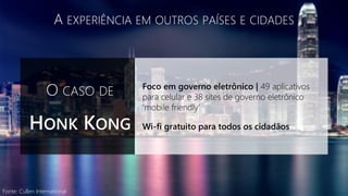Fonte: Cullen International
A EXPERIÊNCIA EM OUTROS PAÍSES E CIDADES
O CASO DE
HONK KONG
Foco em governo eletrônico | 49 aplicativos
para celular e 38 sites de governo eletrônico
‘mobile friendly’
Wi-fi gratuito para todos os cidadãos
 