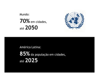 Mundo:

70% em cidades,
até 2050

América Latina:

85% da população em cidades,
até 2025

 