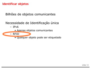 Identificar objetos


  Bilhões de objetos comunicantes

  Necessidade de Identificação única
     – IPv6
        • Apenas objetos comunicantes
     – RFID
        • Qualquer objeto pode ser etiquetado




                                                slide 14
 