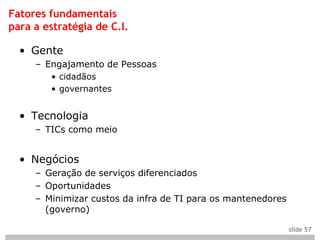 Fatores fundamentais
para a estratégia de C.I.

  • Gente
     – Engajamento de Pessoas
        • cidadãos
        • governantes


  • Tecnologia
     – TICs como meio


  • Negócios
     – Geração de serviços diferenciados
     – Oportunidades
     – Minimizar custos da infra de TI para os mantenedores
       (governo)

                                                              slide 57
 