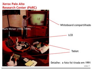 Xerox Palo Alto
Research Center (PARC)




                                  Whiteboard compartilhado
Mark Weiser (1952-1999)

                                         LCD




                                           Tablet



                          Detalhe: a foto foi tirada em 1991
                                                      slide 7
 