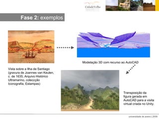 Visita irtual:exemplos Fase 2:  exemplos Vista sobre a Ilha de Santiago (gravura de Joannes van Keulen, c. de 1635; Arquivo Histórico Ultramarino, coleccção Iconografia, Estampas)  Modelação 3D com recurso ao AutoCAD Transposição da figura gerada em AutoCAD para a visita virtual criada no Unity. 