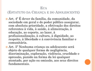  Art. 4º É dever da família, da comunidade, da
sociedade em geral e do poder público assegurar,
com absoluta prioridade, a efetivação dos direitos
referentes à vida, à saúde, à alimentação, à
educação, ao esporte, ao lazer, à
profissionalização, à cultura, à dignidade, ao
respeito, à liberdade e à convivência familiar e
comunitária.
 Art. 5º Nenhuma criança ou adolescente será
objeto de qualquer forma de negligência,
discriminação, exploração, violência, crueldade e
opressão, punido na forma da lei qualquer
atentado, por ação ou omissão, aos seus direitos
fundamentais.
ECA
(ESTATUTO DA CRIANÇA E DO ADOLESCENTE)
 