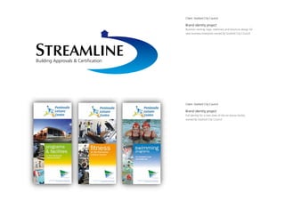 Client: Gosford City Council

Brand identity project
Business naming, logo, stationery and brochure design for
new business enterprise owned by Gosford City Council




Client: Gosford City Council

Brand identity project
Full identity for a new state of the art leisure facility
owned by Gosford City Council
 