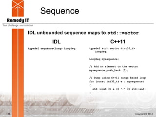 Sequence

     IDL unbounded sequence maps to std::vector
                    IDL                             C++11
     typedef sequence<long> LongSeq;   typedef std::vector <int32_t>
                                           LongSeq;

                                       LongSeq mysequence;

                                       // Add an element to the vector
                                       mysequence.push_back (5);

                                       // Dump using C++11 range based loop
                                       for (const int32_t& e : mysequence)
                                       {
                                         std::cout << e << “;” << std::end;
                                       }




13                                                                     Copyright © 2013
 