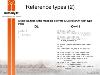 Reference types (2)

     Given IDL type A the mapping delivers IDL::traits<A> with type
     traits
                         IDL                         C++11
     interface A                     // Obtain a reference
     {                               IDL::traits<A>::ref_type a = // obtain a
        // definitions                                           // reference
     };                              // Obtain a weak reference
                                     IDL::traits<A>::weak_ref_type w =
                                          a.weak_reference();

                                     // Obtain a strong reference from a weak
                                     // one
                                     IDL::traits<A>::ref_type p = w.lock ();

                                     if (a == nullptr) // Legal comparisons
                                     if (a != nullptr ) // legal comparison
                                     if (a) // legal usage, true if a != nullptr
                                     if (!a) // legal usage, true if a ==
                                             // nullptr
                                     if (a == 0) // illegal, results in a
                                                  // compile error
                                     delete a; // illegal, results in a compile
                                               //error


15                                                                      Copyright © 2013
 