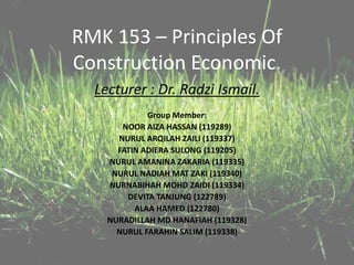 RMK 153 – Principles Of
Construction Economic.
Lecturer : Dr. Radzi Ismail.
Group Member:
NOOR AIZA HASSAN (119289)
NURUL ARQILAH ZAILI (119337)
FATIN ADIERA SULONG (119205)
NURUL AMANINA ZAKARIA (119335)
NURUL NADIAH MAT ZAKI (119340)
NURNABIHAH MOHD ZAIDI (119334)
DEVITA TANJUNG (122789)
ALAA HAMED (122780)
NURADILLAH MD HANAFIAH (119328)
NURUL FARAHIN SALIM (119338)

 