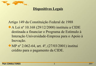 Dispositivos Legais Artigo 149 da Constituição Federal de 1988 A Lei nº 10.168 (29/12/2000) instituiu a CIDE destinada a financiar o Programa de Estímulo à Interação Universidade-Empresa para o Apoio à Inovação. MP nº 2.062-64, art. 4º, (27/03/2001) institui crédito para o pagamento da CIDE. 