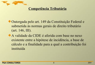 Competência Tributária Outorgada pelo art. 149 da Constituição Federal e submetida às normas gerais de direito tributário (art. 146, III). A validade da CIDE é aferida com base no nexo existente entre a hipótese de incidência, a base de cálculo e a finalidade para a qual a contribuição foi instituída 