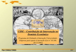 CIDE – Contribuição de Intervenção no Domínio Econômico Programa de Estímulo à Interação Universidade-Empresa para apoio à inovação (Lei nº 10.168, 29/12/2001) 