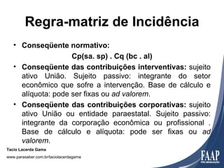 Regra-matriz de Incidência
   • Conseqüente normativo:
                    Cp(sa. sp) . Cq (bc . al)
   • Conseqüente das contribuições interventivas: sujeito
     ativo União. Sujeito passivo: integrante do setor
     econômico que sofre a intervenção. Base de cálculo e
     alíquota: pode ser fixas ou ad valorem.
   • Conseqüente das contribuições corporativas: sujeito
     ativo União ou entidade paraestatal. Sujeito passivo:
     integrante da corporação econômica ou profissional .
     Base de cálculo e alíquota: pode ser fixas ou ad
     valorem.
Tacio Lacerda Gama
www.parasaber.com.br/taciolacerdagama
 