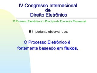 IV Congresso InternacionalIV Congresso Internacional
dede
Direito EletrônicoDireito Eletrônico
É importante observar que:
O Processo Eletrônico e o Princípio da Economia Processual
O Processo Eletrônico é
fortemente baseado em fluxos.
 