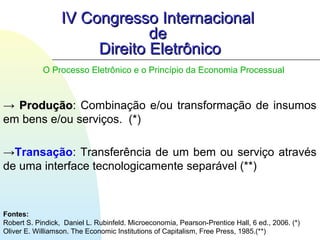 IV Congresso InternacionalIV Congresso Internacional
dede
Direito EletrônicoDireito Eletrônico
→ ProduçãoProdução: Combinação e/ou transformação de insumos
em bens e/ou serviços. (*)
→Transação: Transferência de um bem ou serviço através
de uma interface tecnologicamente separável (**)
Fontes:
Robert S. Pindick, Daniel L. Rubinfeld. Microeconomia, Pearson-Prentice Hall, 6 ed., 2006. (*)
Oliver E. Williamson. The Economic Institutions of Capitalism, Free Press, 1985.(**)
O Processo Eletrônico e o Princípio da Economia Processual
 
