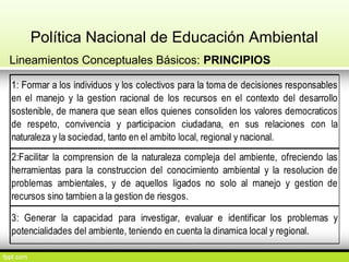 Política Nacional de Educación Ambiental
Lineamientos Conceptuales Básicos: PRINCIPIOS
1: Formar a los individuos y los colectivos para la toma de decisiones responsables
en el manejo y la gestion racional de los recursos en el contexto del desarrollo
sostenible, de manera que sean ellos quienes consoliden los valores democraticos
de respeto, convivencia y participacion ciudadana, en sus relaciones con la
naturaleza y la sociedad, tanto en el ambito local, regional y nacional.
2:Facilitar la comprension de la naturaleza compleja del ambiente, ofreciendo las
herramientas para la construccion del conocimiento ambiental y la resolucion de
problemas ambientales, y de aquellos ligados no solo al manejo y gestion de
recursos sino tambien a la gestion de riesgos.
3: Generar la capacidad para investigar, evaluar e identificar los problemas y
potencialidades del ambiente, teniendo en cuenta la dinamica local y regional.
 
