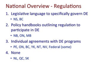 Na-onal	
  Overview	
  -­‐	
  Regula-ons	
  
1.  Legisla-ve	
  language	
  to	
  speciﬁcally	
  govern	
  DE	
  
•  NS,	
 ...