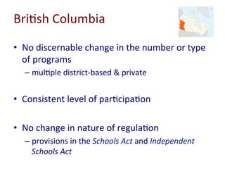 Bri=sh	
  Columbia	
  
•  No	
  discernable	
  change	
  in	
  the	
  number	
  or	
  type	
  
of	
  programs	
  
– mul=ple	
  district-­‐based	
  &	
  private	
  
•  Consistent	
  level	
  of	
  par=cipa=on	
  
•  No	
  change	
  in	
  nature	
  of	
  regula=on	
  
– provisions	
  in	
  the	
  Schools	
  Act	
  and	
  Independent	
  
Schools	
  Act	
  
 