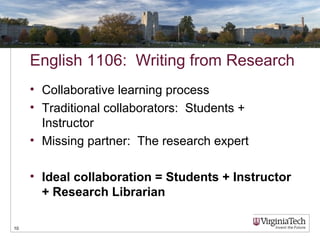 English 1106: Writing from Research
• Collaborative learning process
• Traditional collaborators: Students +
Instructor
• Missing partner: The research expert
• Ideal collaboration = Students + Instructor
+ Research Librarian
10
 