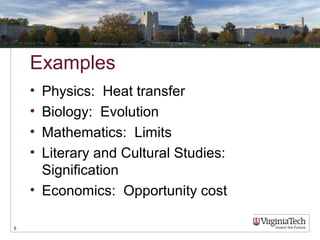 Examples
• Physics: Heat transfer
• Biology: Evolution
• Mathematics: Limits
• Literary and Cultural Studies:
Signification
• Economics: Opportunity cost
5
 