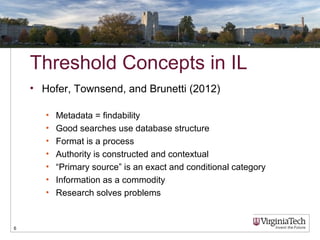Threshold Concepts in IL
• Hofer, Townsend, and Brunetti (2012)
• Metadata = findability
• Good searches use database structure
• Format is a process
• Authority is constructed and contextual
• “Primary source” is an exact and conditional category
• Information as a commodity
• Research solves problems
6
 