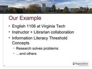 Our Example
• English 1106 at Virginia Tech
• Instructor + Librarian collaboration
• Information Literacy Threshold
Concepts
• Research solves problems
• …and others
8
 