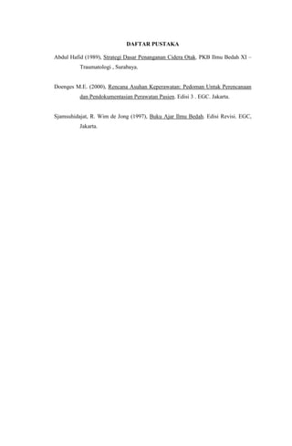 DAFTAR PUSTAKA

Abdul Hafid (1989), Strategi Dasar Penanganan Cidera Otak. PKB Ilmu Bedah XI –
          Traumatologi , Surabaya.


Doenges M.E. (2000), Rencana Asuhan Keperawatan: Pedoman Untuk Perencanaan
          dan Pendokumentasian Perawatan Pasien. Edisi 3 . EGC. Jakarta.


Sjamsuhidajat, R. Wim de Jong (1997), Buku Ajar Ilmu Bedah. Edisi Revisi. EGC,
          Jakarta.
 