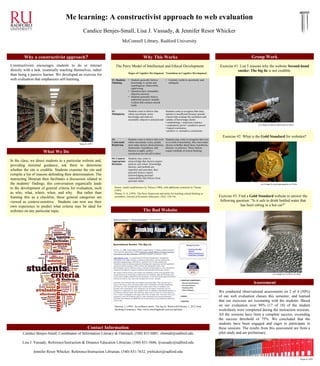 Me learning: A constructivist approach to web evaluation
Candice Benjes-Small, Lisa J. Vassady, & Jennifer Resor Whicker
M...