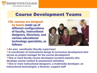 Course Development Teams
 CDL courses are designed
   by teams made up of
   different configurations
   of faculty, instructional
   designers, librarians, and
   various educational
   technology specialists, as
   follows:
An area coordinator (faculty supervisor)
A coordinator of instructional design & curriculum development who
serves as project manager for the course development
One or more faculty course developers (content expert/s who
develops course content & assessment activities)
One or more instructional designers; a multimedia developer; an
instructional technologist; a librarian; support staff
 