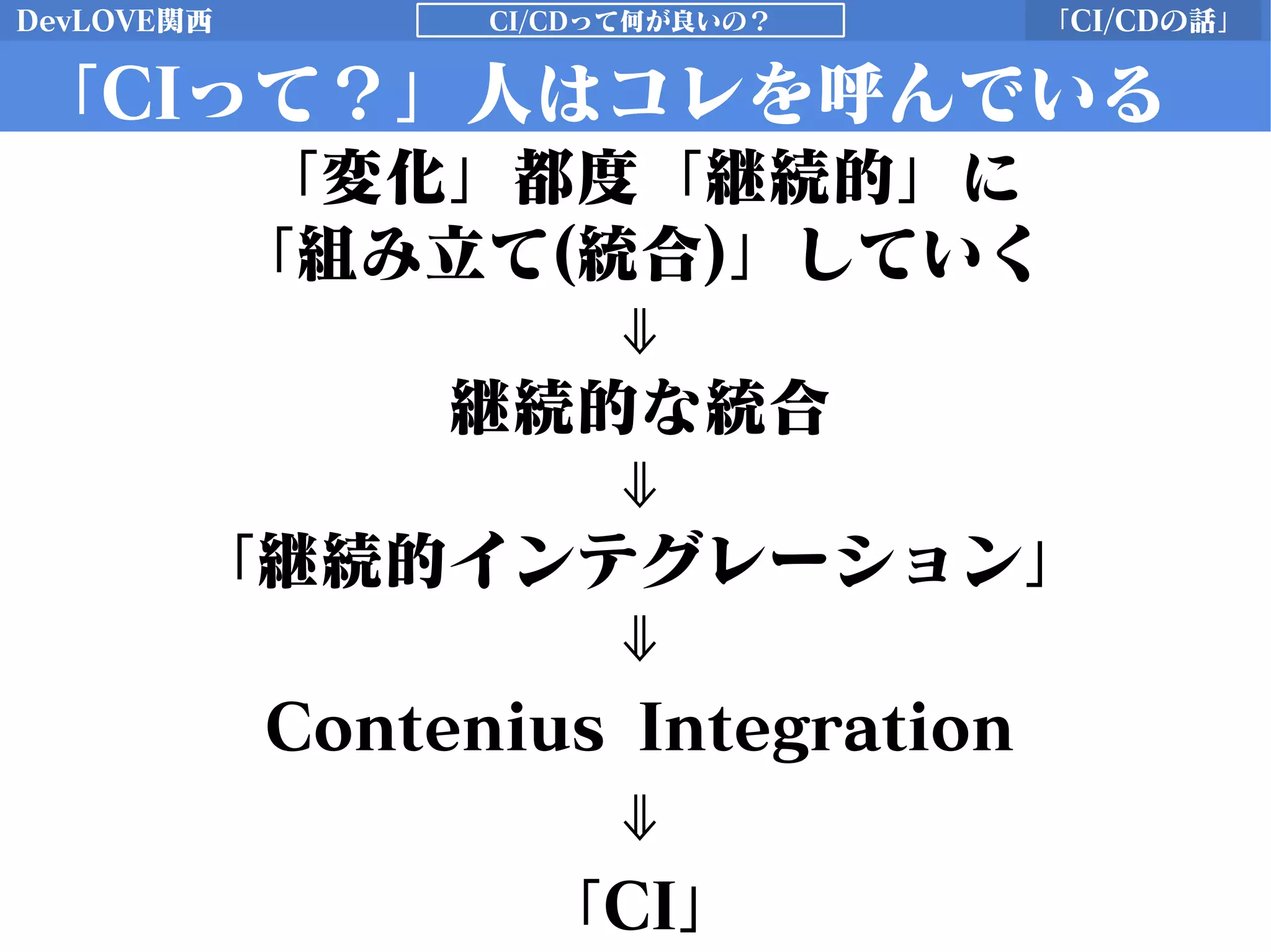 DevLOVE関西 「CI/CDの話」CI/CDって何が良いの？
「CIって？」人はコレを呼んでいる
「変化」都度「継続的」に
「組み立て(統合)」していく
⇓
継続的な統合
⇓
「継続的インテグレーション」
⇓
Contenius Integration
⇓
「CI」
 