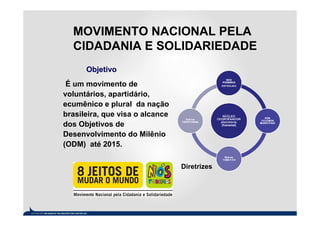 MOVIMENTO NACIONAL PELA
  CIDADANIA E SOLIDARIEDADE
      Objetivo
 É um movimento de
voluntários, apartidário,
ecumênico e plural da nação
brasileira, que visa o alcance
dos Objetivos de
Desenvolvimento do Milênio
(ODM) até 2015.

                                 Diretrizes
 