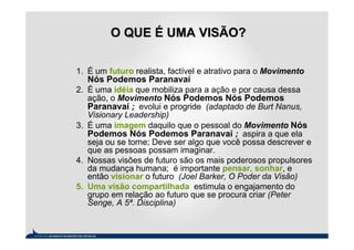 O QUE É UMA VISÃO?

1. É um futuro realista, factível e atrativo para o Movimento
   Nós Podemos Paranavaí
2. É uma idéia que mobiliza para a ação e por causa dessa
   ação, o Movimento Nós Podemos Nós Podemos
   Paranavaí ; evolui e progride (adaptado de Burt Nanus,
   Visionary Leadership)
3. É uma imagem daquilo que o pessoal do Movimento Nós
   Podemos Nós Podemos Paranavaí ; aspira a que ela
   seja ou se torne; Deve ser algo que você possa descrever e
   que as pessoas possam imaginar.
4. Nossas visões de futuro são os mais poderosos propulsores
   da mudança humana; é importante pensar, sonhar, e
   então visionar o futuro (Joel Barker, O Poder da Visão)
5. Uma visão compartilhada estimula o engajamento do
   grupo em relação ao futuro que se procura criar (Peter
   Senge, A 5ª. Disciplina)
 