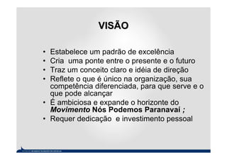 VISÃO

• Estabelece um padrão de excelência
• Cria uma ponte entre o presente e o futuro
• Traz um conceito claro e idéia de direção
• Reflete o que é único na organização, sua
  competência diferenciada, para que serve e o
  que pode alcançar
• É ambiciosa e expande o horizonte do
  Movimento Nós Podemos Paranavaí ;
• Requer dedicação e investimento pessoal
 