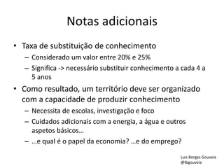 Notas adicionais
• Taxa de substituição de conhecimento
– Considerado um valor entre 20% e 25%
– Significa -> necessário substituir conhecimento a cada 4 a
5 anos
• Como resultado, um território deve ser organizado
com a capacidade de produzir conhecimento
– Necessita de escolas, investigação e foco
– Cuidados adicionais com a energia, a água e outros
aspetos básicos…
– …e qual é o papel da economia? …e do emprego?
Luis Borges Gouveia
@lbgouveia
 