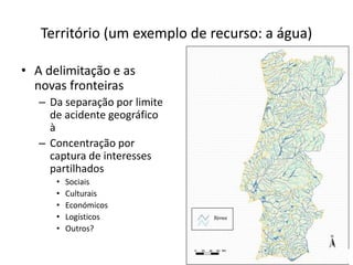 Território (um exemplo de recurso: a água)
• A delimitação e as
novas fronteiras
– Da separação por limite
de acidente geográfico
à
– Concentração por
captura de interesses
partilhados
• Sociais
• Culturais
• Económicos
• Logísticos
• Outros?
 