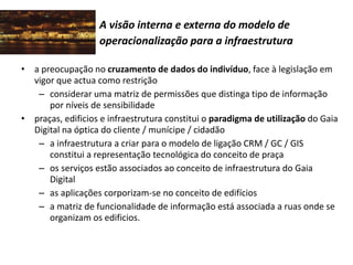 A visão interna e externa do modelo de
operacionalização para a infraestrutura
• a preocupação no cruzamento de dados do indivíduo, face à legislação em
vigor que actua como restrição
– considerar uma matriz de permissões que distinga tipo de informação
por níveis de sensibilidade
• praças, edificios e infraestrutura constitui o paradigma de utilização do Gaia
Digital na óptica do cliente / munícipe / cidadão
– a infraestrutura a criar para o modelo de ligação CRM / GC / GIS
constitui a representação tecnológica do conceito de praça
– os serviços estão associados ao conceito de infraestrutura do Gaia
Digital
– as aplicações corporizam-se no conceito de edifícios
– a matriz de funcionalidade de informação está associada a ruas onde se
organizam os edificios.
 