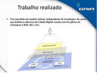 Trabalho realizado
 Foi concebido um modelo robusto, independente da tecnologia e do canal,
que definiu os alicerces da Cidade Digital, assente em três pilares de
referência: CRM, SIG e GC.
 