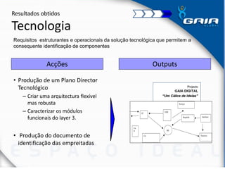 Resultados obtidos
Tecnologia
Requisitos estruturantes e operacionais da solução tecnológica que permitem a
consequente identificação de componentes
Outputs
• Produção de um Plano Director
Tecnológico
– Criar uma arquitectura flexível
mas robusta
– Caracterizar os módulos
funcionais do layer 3.
• Produção do documento de
identificação das empreitadas
Acções
CRM
Gis
GC
BD
For
m
Serviços
Requisião Interfaces
Parceiros
 