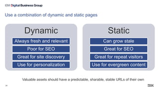 Use a combination of dynamic and static pages
Dynamic
Always fresh and relevant
Poor for SEO
Great for site discovery
Use for personalization
Static
Can grow stale
Great for SEO
Great for repeat visitors
Use for evergreen content
24
Valuable assets should have a predictable, sharable, stable URLs of their own
 