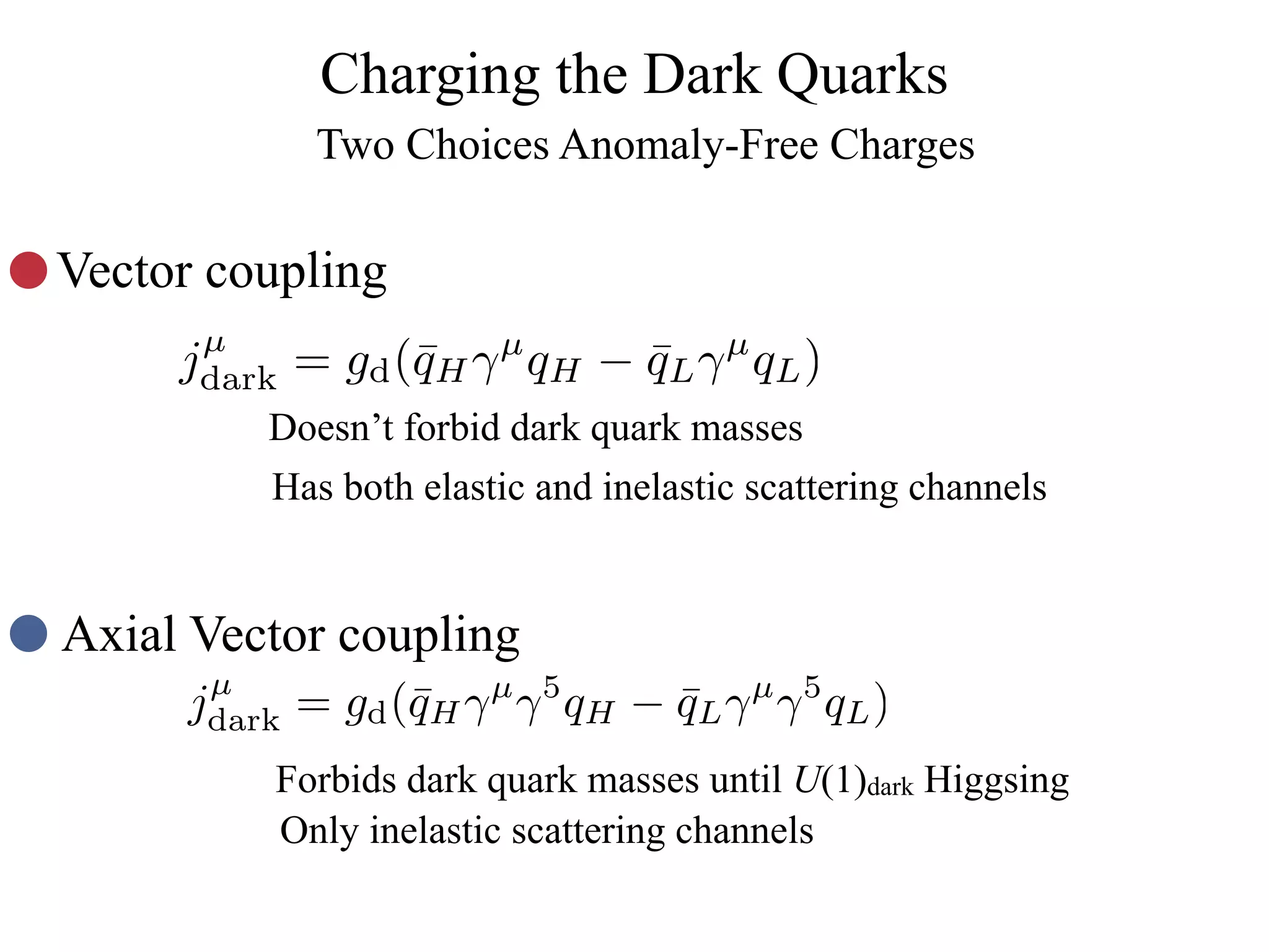 Charging the Dark Quarks
              Two Choices Anomaly-Free Charges

Vector coupling
      µ
     jdark   = gd (¯H γ qH − qL γ qL )
                   q   µ
                             ¯        µ

         Doesn’t forbid dark quark masses
         Has both elastic and inelastic scattering channels


Axial Vector coupling
      µ
     jdark   = gd (¯H γ γ qH − qL γ γ qL )
                   q   µ 5
                               ¯          µ 5

         Forbids dark quark masses until U(1)dark Higgsing
         Only inelastic scattering channels
 