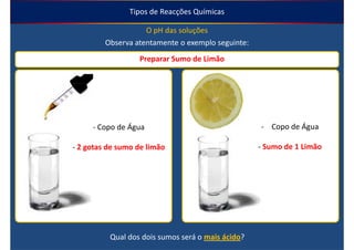 Tipos de Reacções Químicas

                    O pH das soluções
         Observa atentamente o exemplo seguinte:
                  Preparar Sumo de Limão




     - Copo de Água                                - Copo de Água

- 2 gotas de sumo de limão                         - Sumo de 1 Limão




          Qual dos dois sumos será o mais ácido?
 