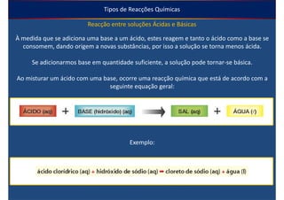 Tipos de Reacções Químicas

                         Reacção entre soluções Ácidas e Básicas

À medida que se adiciona uma base a um ácido, estes reagem e tanto o ácido como a base se
  consomem, dando origem a novas substâncias, por isso a solução se torna menos ácida.

     Se adicionarmos base em quantidade suficiente, a solução pode tornar-se básica.

Ao misturar um ácido com uma base, ocorre uma reacção química que está de acordo com a
                               seguinte equação geral:




                                        Exemplo:
 