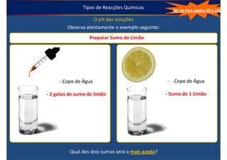 Tipos de Reacções Químicas            Ver no livro página 99 à 102

                    O pH das soluções
         Observa atentamente o exemplo seguinte:
                  Preparar Sumo de Limão




     - Copo de Água                                - Copo de Água

- 2 gotas de sumo de limão                         - Sumo de 1 Limão




          Qual dos dois sumos será o mais azedo?
 